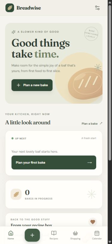 Breadwise development app showing its cozy home dashboard and bake-planning navigation