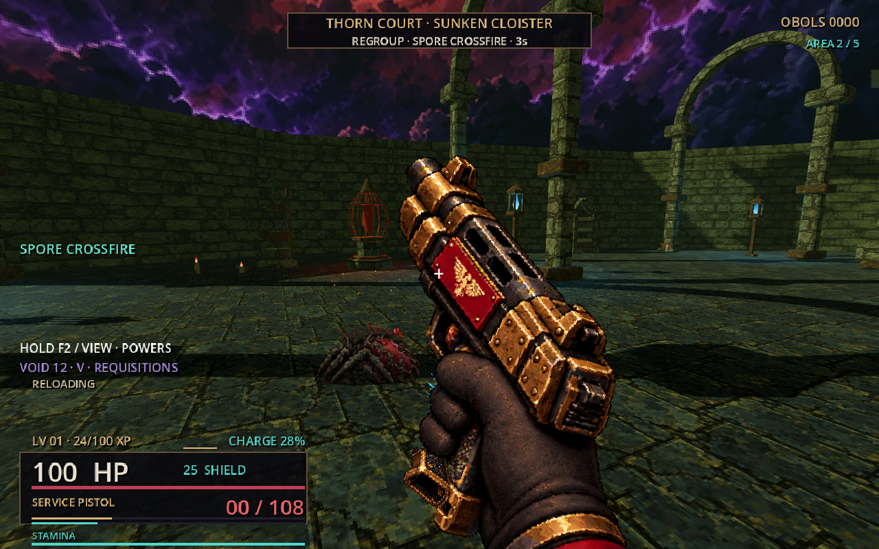 Actual development gameplay: a gilded pistol in a ruined courtyard beneath a purple sky